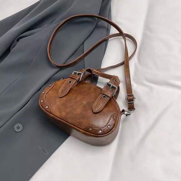 Retro PU Leather Rivet Crossbody Top Handle Mini Saddle Bag 3 Colors - Picture 16 of 16